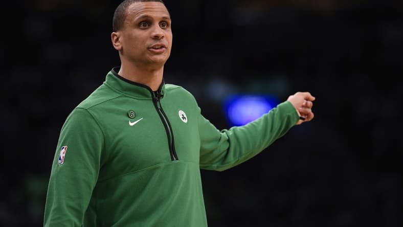 Feb 10, 2023; Boston, Massachusetts, USA; Boston Celtics head coach Joe Mazzulla during the second half against the Charlotte Hornets at TD Garden. Mandatory Credit: Bob DeChiara-USA TODAY Sports