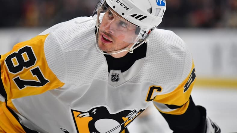 Feb 10, 2023; Anaheim, California, USA; Pittsburgh Penguins center Sidney Crosby (87) before the face off against the Anaheim Ducks during the first period at Honda Center. Mandatory Credit: Gary A. Vasquez-USA TODAY Sports
