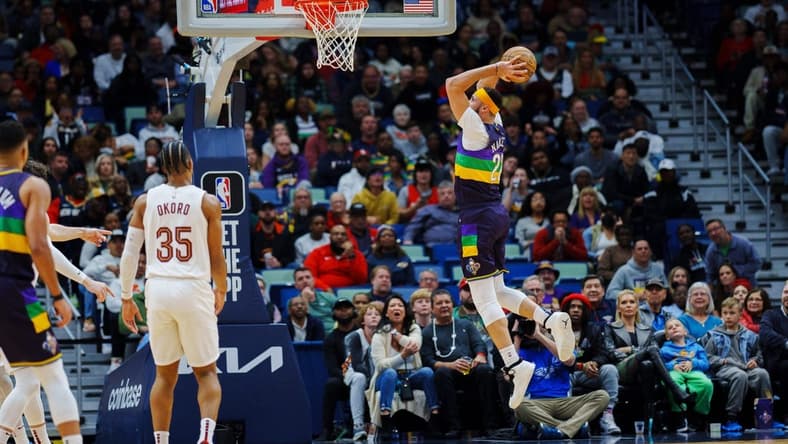 Feb 10, 2023; New Orleans, Louisiana, USA; New Orleans Pelicans forward Larry Nance Jr. (22) dunks the ball against the Cleveland Cavaliers during the second quarter at Smoothie King Center. Mandatory Credit: Andrew Wevers-USA TODAY Sports