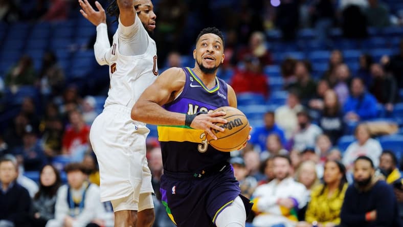 Feb 10, 2023; New Orleans, Louisiana, USA; New Orleans Pelicans guard CJ McCollum (3) drives to the basket against against the Cleveland Cavaliers during the fourth quarter at Smoothie King Center. Mandatory Credit: Andrew Wevers-USA TODAY Sports