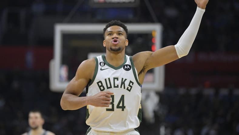 Feb 10, 2023; Los Angeles, California, USA;   Milwaukee Bucks forward Giannis Antetokounmpo (34) reacts to the crowd after a basket in the fourth quarter against the Los Angeles Clippers at Crypto.com Arena. Mandatory Credit: Jayne Kamin-Oncea-USA TODAY Sports