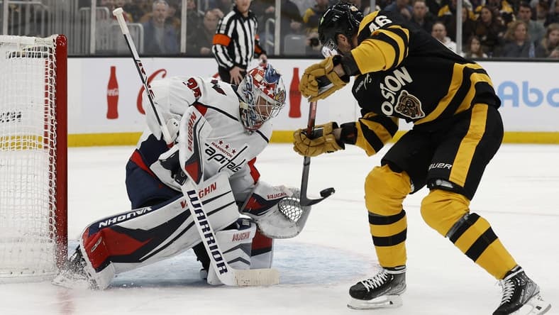 Feb 11, 2023; Boston, Massachusetts, USA; Boston Bruins center David Krejci (46) lets a point blank shot go on Washington Capitals goaltender Darcy Kuemper (35) during the first period at TD Garden. Mandatory Credit: Winslow Townson-USA TODAY Sports