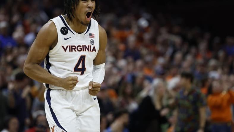 Feb 11, 2023; Charlottesville, Virginia, USA; Virginia Cavaliers guard Armaan Franklin (4) celebrates in the final seconds against the Duke Blue Devils in overtime at John Paul Jones Arena. Mandatory Credit: Geoff Burke-USA TODAY Sports