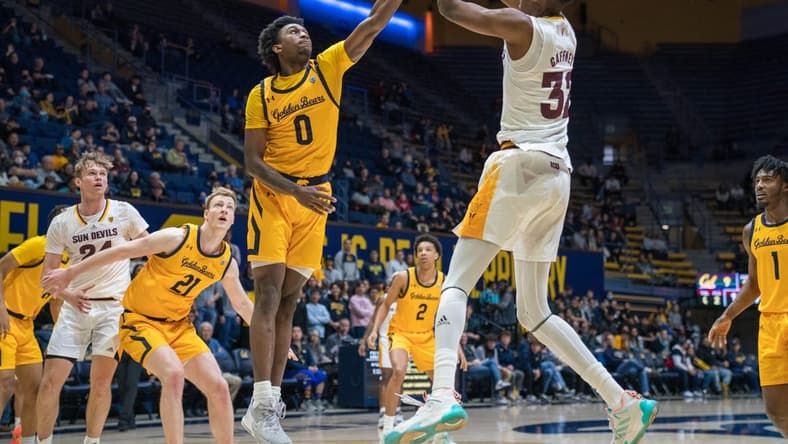 Feb 11, 2023; Berkeley, California, USA; Arizona State Sun Devils forward Alonzo Gaffney (32) shoots the basketball over California Golden Bears guard Marsalis Roberson (0) during the first half at Haas Pavilion. Mandatory Credit: Neville E. Guard-USA TODAY Sports