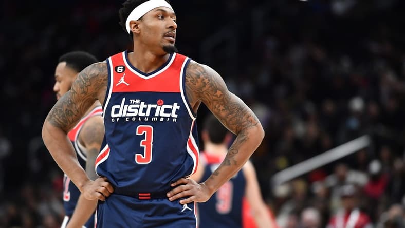Feb 11, 2023; Washington, District of Columbia, USA; Washington Wizards guard Bradley Beal (3) looks on against the Indiana Pacers during the second half at Capital One Arena. Mandatory Credit: Brad Mills-USA TODAY Sports