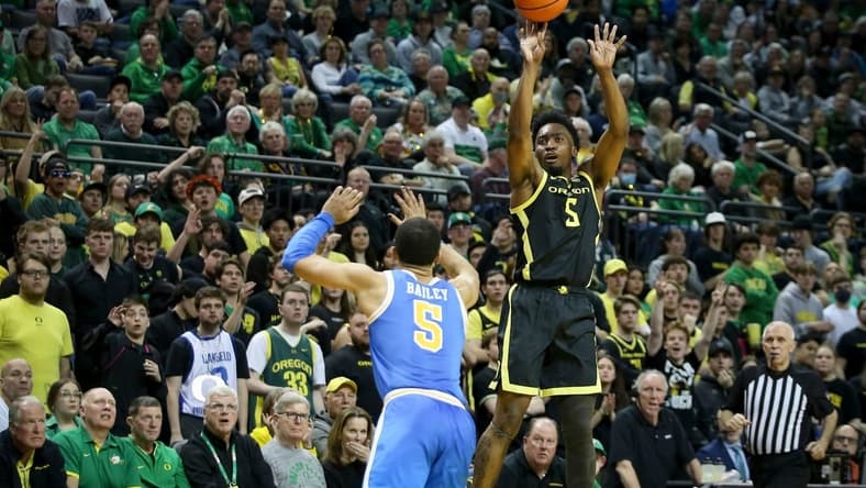 Oregon guard Jermaine Couisnard puts up a shot from the three-point line as the Oregon Ducks host the No. 7 UCLA Bruins Saturday, Feb. 11, 2023, at Matthew Knight Arena in Eugene, Ore.

Ncaa Basketball No 7 Ucla At Oregon Ucla At Oregon