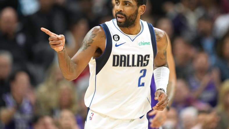 Feb 11, 2023; Sacramento, California, USA; Dallas Mavericks guard Kyrie Irving (2) gestures during the fourth quarter against the Sacramento Kings at Golden 1 Center. Mandatory Credit: Darren Yamashita-USA TODAY Sports