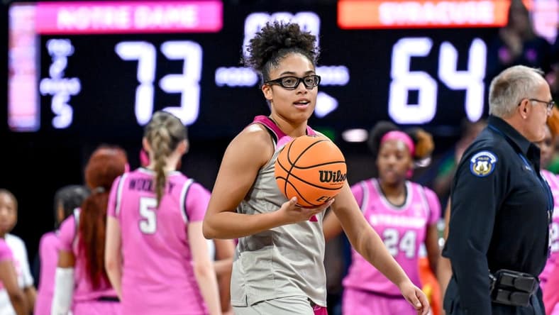 Feb 12, 2023; South Bend, Indiana, USA; Notre Dame Fighting Irish guard Olivia Miles (5) walks toward her bench after the game against the Syracuse Orange at the Purcell Pavilion. Mandatory Credit: Matt Cashore-USA TODAY Sports