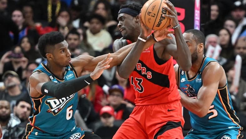 Feb 12, 2023; Toronto, Ontario, CAN;    Toronto Raptors forward Pascal Siakam (43) is fouled by Detroit Pistons guard Hamidou Diallo (6) in the second half at Scotiabank Arena. Mandatory Credit: Dan Hamilton-USA TODAY Sports