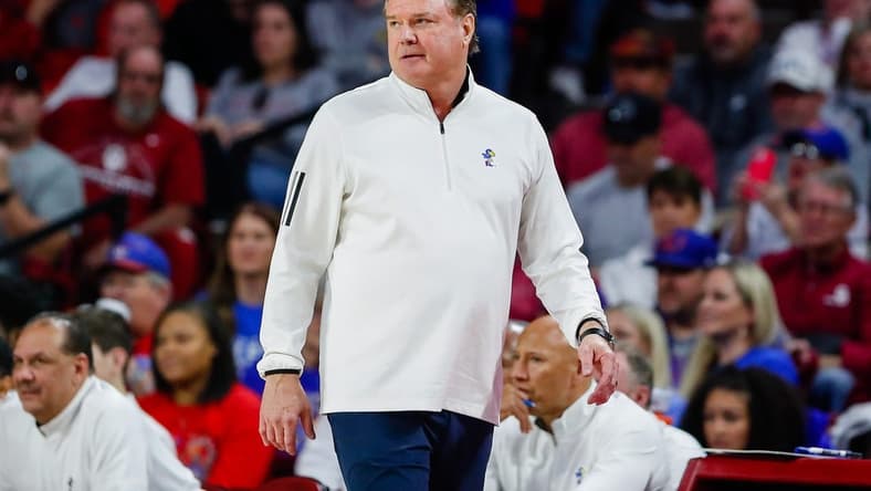 Feb 11, 2023; Norman, Oklahoma, USA; Kansas Jayhawks head coach Bill Self watches his team play against the Oklahoma Sooners during the second half at Lloyd Noble Center. Kansas won 78-55. Mandatory Credit: Alonzo Adams-USA TODAY Sports