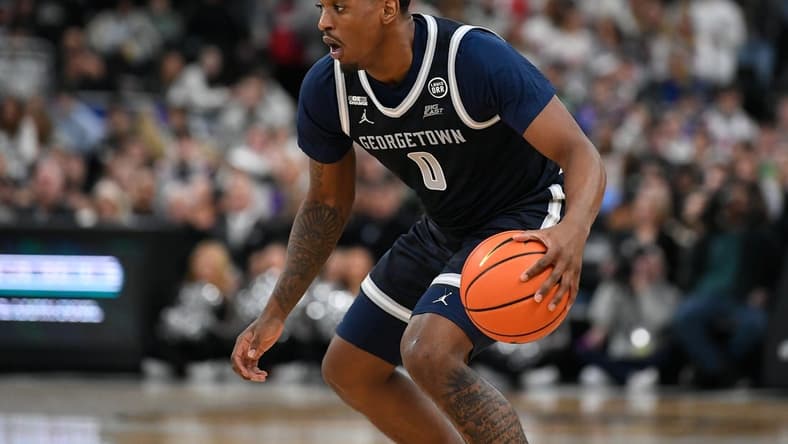 Feb 8, 2023; Providence, Rhode Island, USA; Georgetown Hoyas guard Brandon Murray (0) dribbles against the Providence Friars during the second half at Amica Mutual Pavilion. Mandatory Credit: Eric Canha-USA TODAY Sports