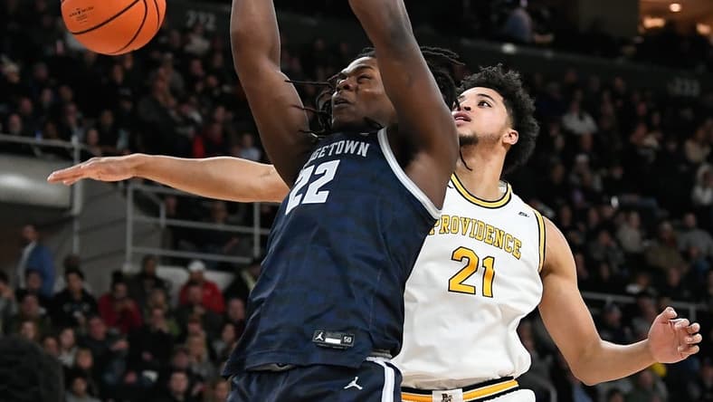 Feb 8, 2023; Providence, Rhode Island, USA; Georgetown Hoyas forward Bradley Ezewiro (22) dunks the ball against the Providence Friars during the second half at Amica Mutual Pavilion. Mandatory Credit: Eric Canha-USA TODAY Sports