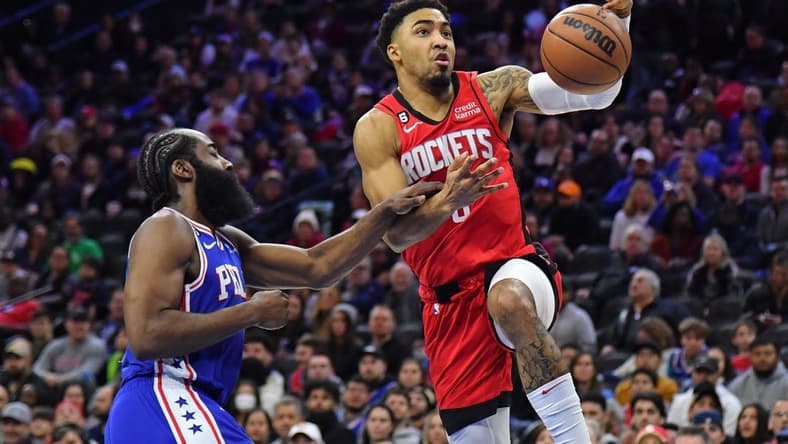 Feb 13, 2023; Philadelphia, Pennsylvania, USA; Houston Rockets forward Kenyon Martin Jr. (6) loses control of the ball against Philadelphia 76ers guard James Harden (1) during the second quarter at Wells Fargo Center. Mandatory Credit: Eric Hartline-USA TODAY Sports
