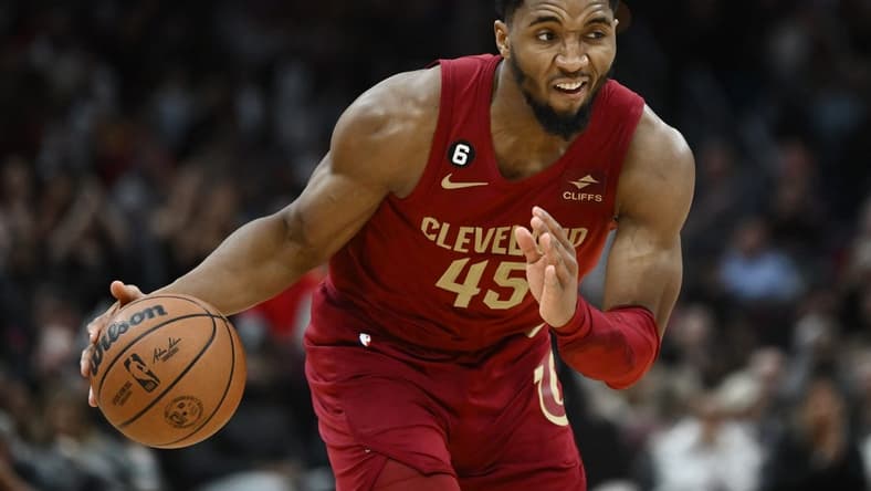 Feb 13, 2023; Cleveland, Ohio, USA; Cleveland Cavaliers guard Donovan Mitchell (45) drives to the basket during the second half against the San Antonio Spurs at Rocket Mortgage FieldHouse. Mandatory Credit: Ken Blaze-USA TODAY Sports