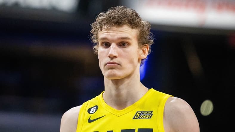 Feb 13, 2023; Indianapolis, Indiana, USA; Utah Jazz forward Lauri Markkanen (23) in the second quarter against the Indiana Pacers at Gainbridge Fieldhouse. Mandatory Credit: Trevor Ruszkowski-USA TODAY Sports