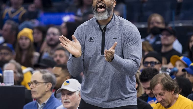 Feb 13, 2023; San Francisco, California, USA; Washington Wizards head coach Wes Unseld Jr. yells to his team against the Golden State Warriors during the first half at Chase Center. Mandatory Credit: John Hefti-USA TODAY Sports