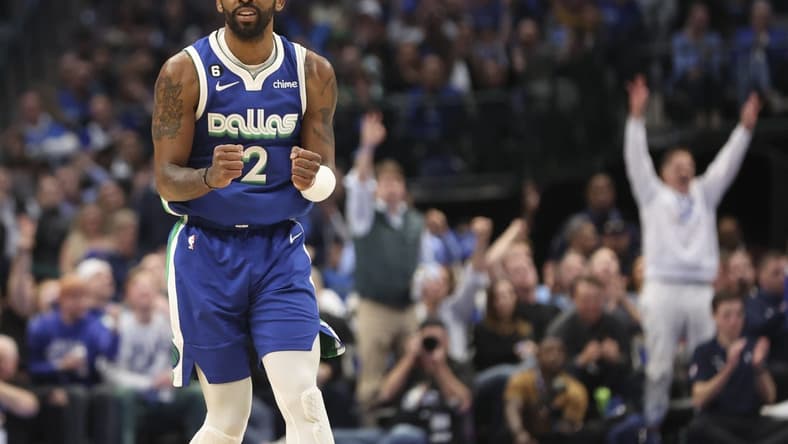 Feb 13, 2023; Dallas, Texas, USA; Dallas Mavericks guard Kyrie Irving (2) reacts during the game against the Minnesota Timberwolves at American Airlines Center. Mandatory Credit: Kevin Jairaj-USA TODAY Sports