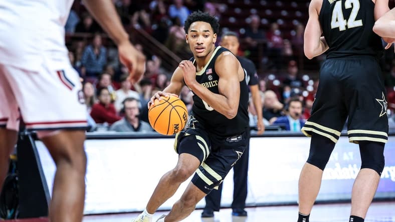 Feb 14, 2023; Columbia, South Carolina, USA; Vanderbilt Commodores guard Tyrin Lawrence (0) drives against the South Carolina Gamecocks in the second half at Colonial Life Arena. Mandatory Credit: Jeff Blake-USA TODAY Sports