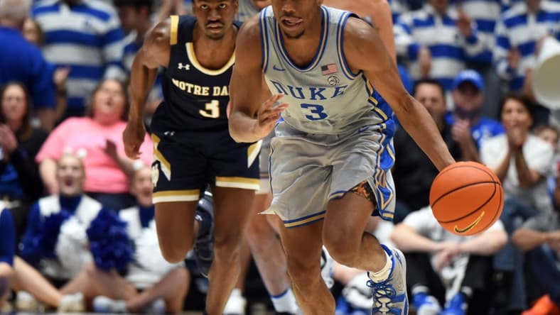 Feb 14, 2023; Durham, North Carolina, USA; Duke Blue Devils guard Jeremy Roach (3) dribbles up court after a steal against the Notre Dame Fighting Irish during the second half at Cameron Indoor Stadium. The Blue Devils won 68-64. Mandatory Credit: Rob Kinnan-USA TODAY Sports