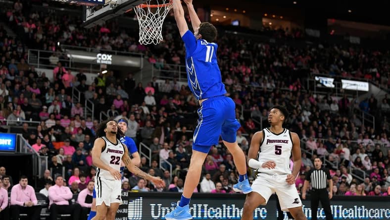 Feb 14, 2023; Providence, Rhode Island, USA; Creighton Bluejays center Ryan Kalkbrenner (11) shoots the ball during the second half against the against the Providence Friars Amica Mutual Pavilion. Mandatory Credit: Eric Canha-USA TODAY Sports