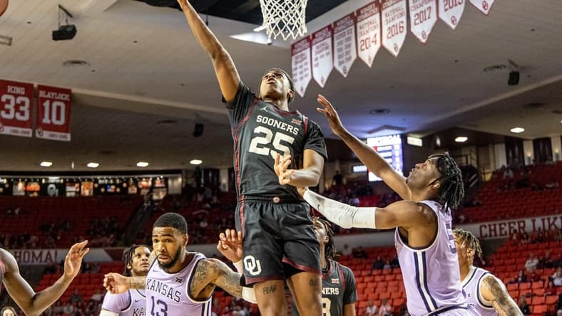 Oklahoma guard Grant Sherfield (25) jumps to shoot in the first half during a basketball game between The Oklahoma Sooners (OU) and Kansas State Wildcats at the Lloyd Noble Center in Norman, Okla., Tuesday, Feb. 14, 2023.

Ou Vs Kstate