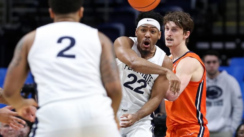 Feb 14, 2023; University Park, Pennsylvania, USA; Penn State Nittany Lions guard Jalen Pickett (22) passes the ball to guard/forward Myles Dread (2) during the second half against the Illinois Fighting Illini at Bryce Jordan Center. Penn State defeated Illinois 93-81. Mandatory Credit: Matthew OHaren-USA TODAY Sports