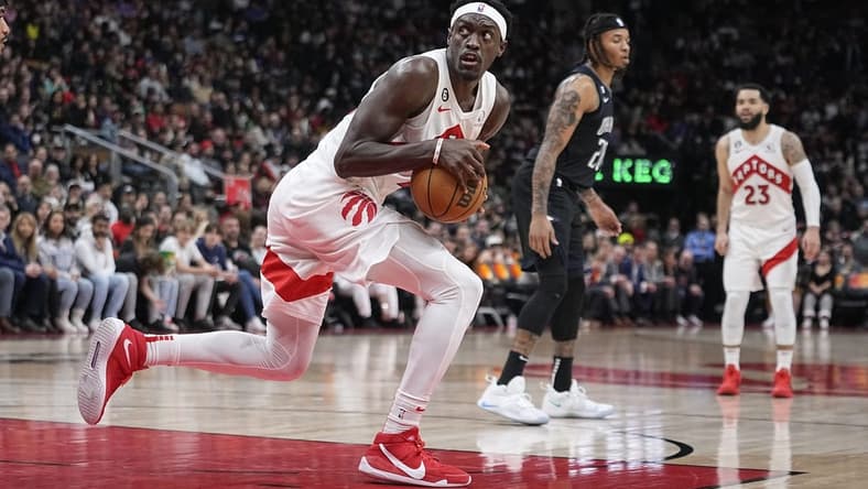 Feb 14, 2023; Toronto, Ontario, CAN; Toronto Raptors forward Pascal Siakam (43) controls the ball against the Orlando Magic during the second half at Scotiabank Arena. Mandatory Credit: John E. Sokolowski-USA TODAY Sports