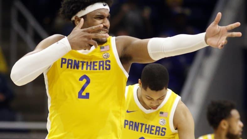 Feb 14, 2023; Pittsburgh, Pennsylvania, USA; Pittsburgh Panthers forward Blake Hinson (2) reacts after making a three point basket against the Boston College Eagles during the second half at the Petersen Events Center. Pittsburgh won 77-58. Mandatory Credit: Charles LeClaire-USA TODAY Sports
