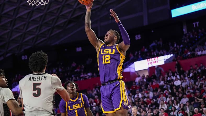 Feb 14, 2023; Athens, Georgia, USA; LSU Tigers forward KJ Williams (12) shoots at the basket against the Georgia Bulldogs during the first half at Stegeman Coliseum. Mandatory Credit: Dale Zanine-USA TODAY Sports