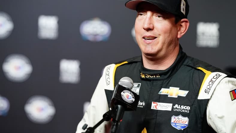 Feb 15, 2023; Daytona Beach, Florida, USA; NASCAR Cup Series driver Kyle Busch (8) talks with the press during media day at Daytona International Speedway. Mandatory Credit: John David Mercer-USA TODAY Sports