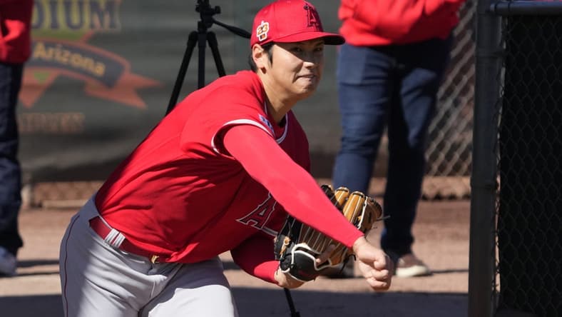 Feb 15, 2023; Tempe, AZ, USA; Los Angeles Angels starting pitcher Shohei Ohtani (17) throws in the bullpen during spring training camp. Mandatory Credit: Rick Scuteri-USA TODAY Sports