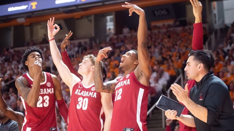 Alabama's bench celebrates after a made three-pointer during a basketball game between the Tennessee Volunteers and the Alabama Crimson Tide held at Thompson-Boling Arena in Knoxville, Tenn., on Wednesday, Feb. 15, 2023.
Kns Vols Bama Hoops
