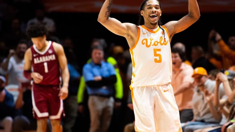 Tennessee guard Zakai Zeigler (5) pumps up the crowd in the final minutes of a basketball game between the Tennessee Volunteers and the Alabama Crimson Tide held at Thompson-Boling Arena in Knoxville, Tenn., on Wednesday, Feb. 15, 2023.
Kns Vols Ut Martin Bp