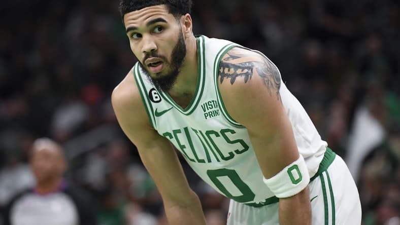 Feb 15, 2023; Boston, Massachusetts, USA; Boston Celtics forward Jayson Tatum (0) during the first half against the Detroit Pistons at TD Garden. Mandatory Credit: Bob DeChiara-USA TODAY Sports