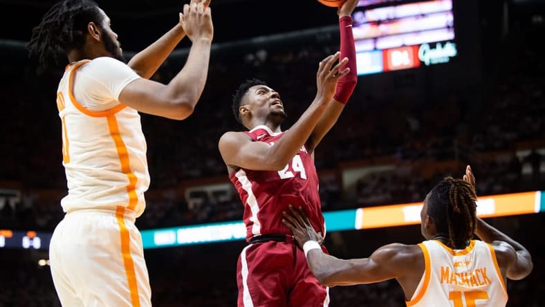 Alabama forward Brandon Miller (24) attempts a shot during a basketball game between the Tennessee Volunteers and the Alabama Crimson Tide held at Thompson-Boling Arena in Knoxville, Tenn., on Wednesday, Feb. 15, 2023.
Kns Vols Ut Martin Bp