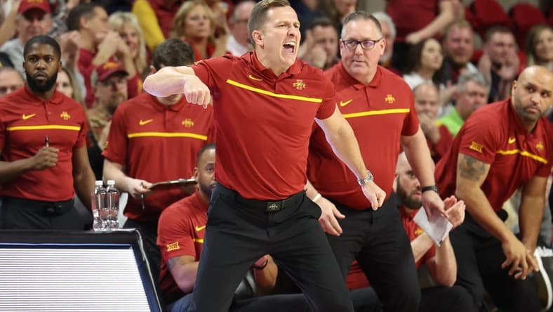 Feb 15, 2023; Ames, Iowa, USA; Iowa State Cyclones head coach T.J. Otzelberger talks to his team during their game with the TCU Horned Frogs in the first half at James H. Hilton Coliseum. Mandatory Credit: Reese Strickland-USA TODAY Sports