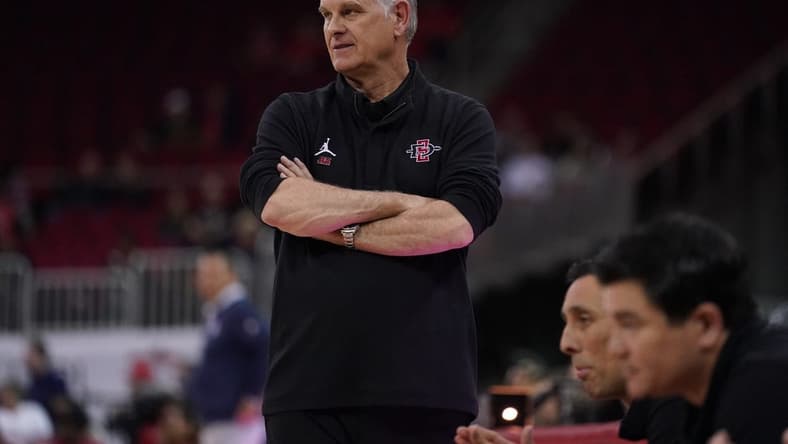 Feb 15, 2023; Fresno, California, USA; San Diego State Aztecs head coach Brian Dutcher watches action against the Fresno State Bulldogs in the second half at the Save Mart Center. Mandatory Credit: Cary Edmondson-USA TODAY Sports