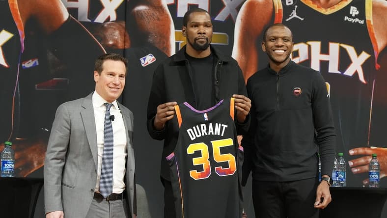 Feb 16, 2023; Phoenix, AZ, USA; Phoenix Suns owner Mat Ishbia, Forward Kevin Durant and General Manager James Jones pose for a photo at Footprint Center. Mandatory Credit: Rick Scuteri-USA TODAY Sports