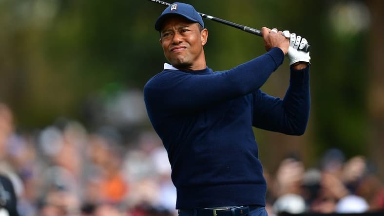 Feb 16, 2023; Pacific Palisades, California, USA; Tiger Woods hits from the second hole tee during the first round of The Genesis Invitational golf tournament. Mandatory Credit: Gary A. Vasquez-USA TODAY Sports
