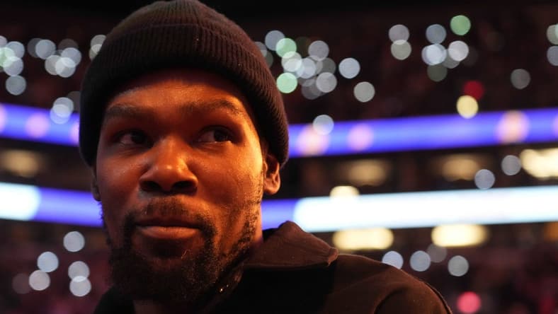 Feb 16, 2023; Phoenix, Arizona, USA; Phoenix Suns forward Kevin Durant looks on against the LA Clippers during the first half at Footprint Center. Mandatory Credit: Joe Camporeale-USA TODAY Sports
