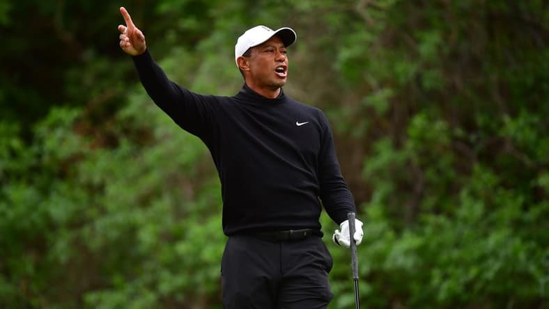 Feb 17, 2023; Pacific Palisades, California, USA; Tiger Woods reacts after hitting from the twelfth hole tee during the second round of The Genesis Invitational golf tournament. Mandatory Credit: Gary A. Vasquez-USA TODAY Sports
