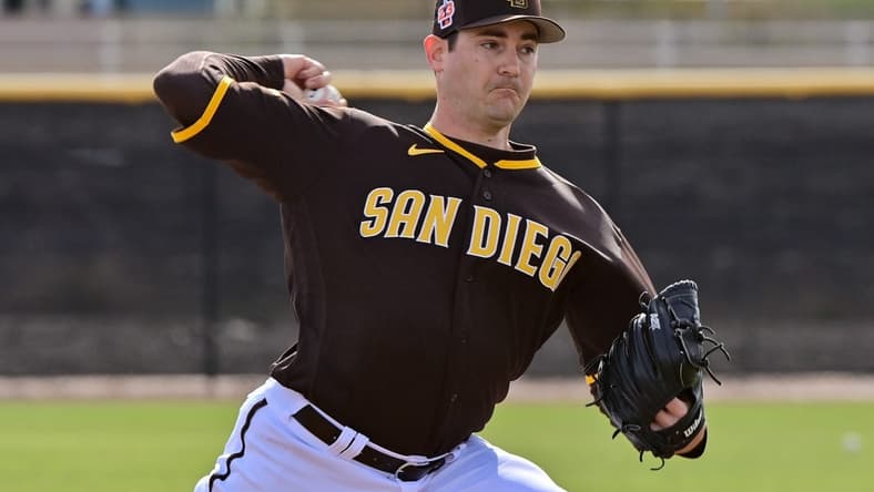 Feb 17, 2023; Glendale, AZ, USA;  San Diego Padres relief pitcher Seth Lugo (67) throws during a Spring Training workout at Peoria Sports Complex. Mandatory Credit: Matt Kartozian-USA TODAY Sports