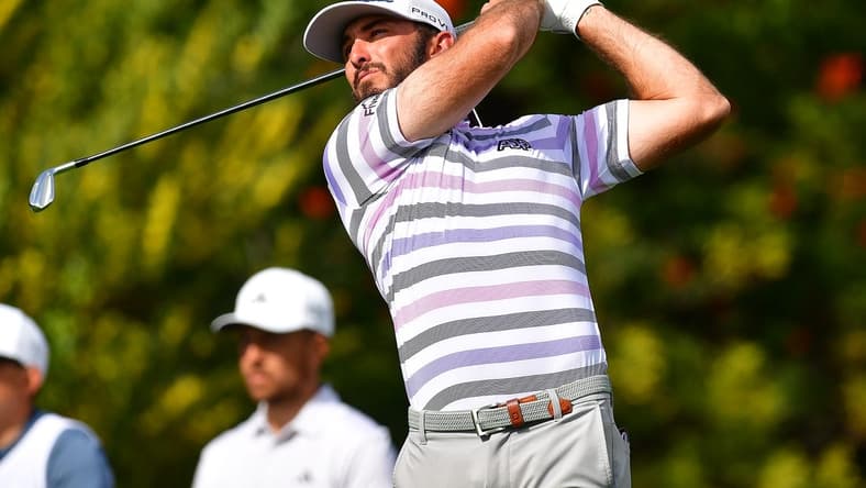 Feb 17, 2023; Pacific Palisades, California, USA; Max Homa hits from the fourth hole tee during the second round of The Genesis Invitational golf tournament. Mandatory Credit: Gary A. Vasquez-USA TODAY Sports