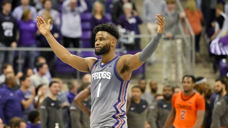 Feb 18, 2023; Fort Worth, Texas, USA; TCU Horned Frogs guard Mike Miles Jr. (1) celebrates the win over the Oklahoma State Cowboys at the Ed and Rae Schollmaier Arena. Mandatory Credit: Jerome Miron-USA TODAY Sports
