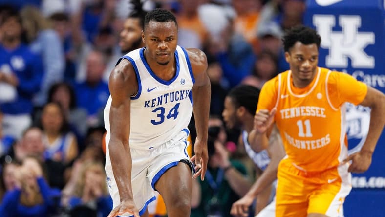 Feb 18, 2023; Lexington, Kentucky, USA; Kentucky Wildcats forward Oscar Tshiebwe (34) celebrates during the first half against the Tennessee Volunteers at Rupp Arena at Central Bank Center. Mandatory Credit: Jordan Prather-USA TODAY Sports