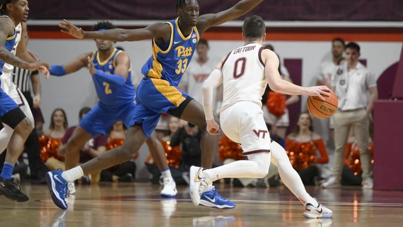 Feb 18, 2023; Blacksburg, Virginia, USA; Virginia Tech Hokies guard Sean Pedulla (3) dribbles around Pittsburgh Panthers center Federiko Federiko (33) in the first half at Cassell Coliseum. Mandatory Credit: Lee Luther Jr.-USA TODAY Sports