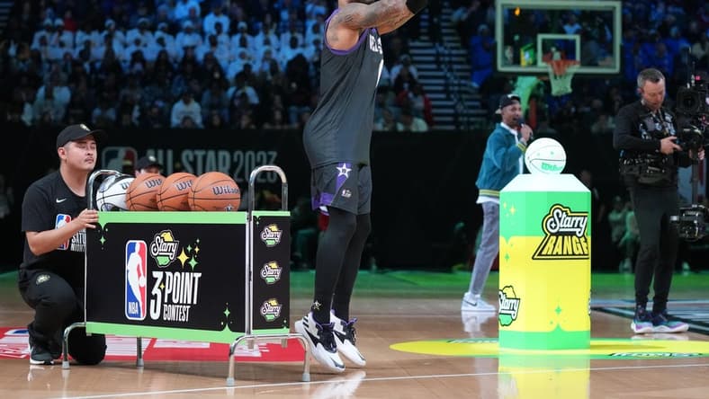 Feb 18, 2023; Salt Lake City, UT, USA; Portland Trail Blazers guard Damian Lillard competes in the 3-Point Contest during the 2023 All Star Saturday Night at Vivint Arena. Mandatory Credit: Kyle Terada-USA TODAY Sports