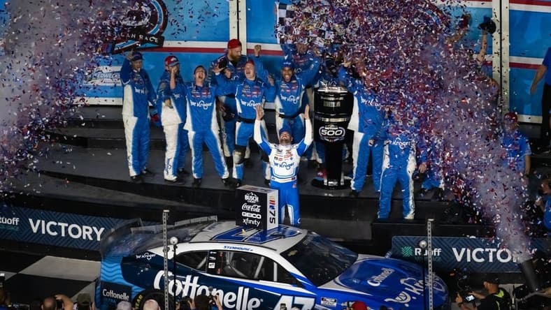 Feb 19, 2023; Daytona Beach, Florida, USA; NASCAR Cup Series driver Ricky Stenhouse Jr celebrates after winning the Daytona 500 at Daytona International Speedway. Mandatory Credit: Mark J. Rebilas-USA TODAY Sports