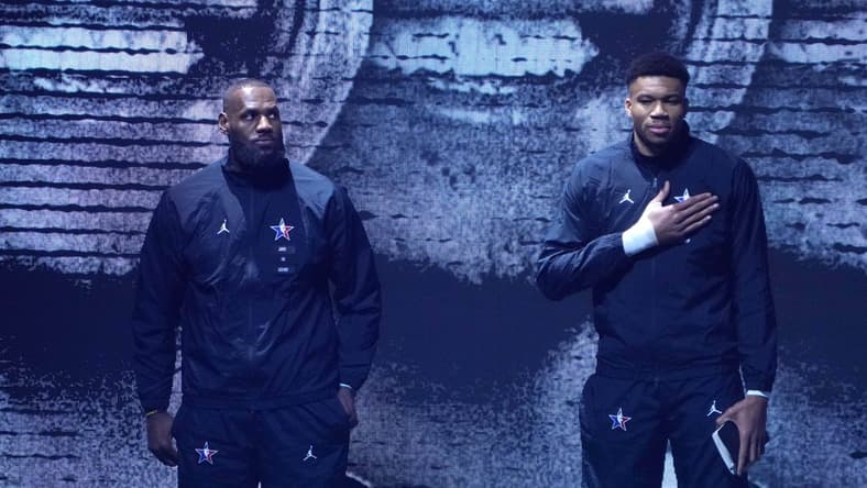Feb 19, 2023; Salt Lake City, UT, USA; Team Lebron captain Lebron James (left) and Team Giannis captain Giannis Antetokoumpo (right) before the 2023 NBA All-Star Game at Vivint Arena. Mandatory Credit: Kirby Lee-USA TODAY Sports