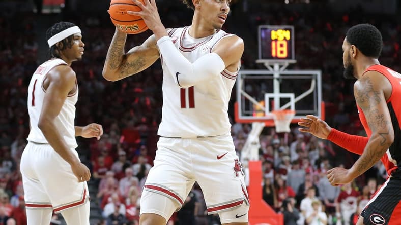Feb 21, 2023; Fayetteville, Arkansas, USA; Arkansas Razorbacks forward Jalen Graham (11) looks to pass in the first half against the Georgia Bulldogs at Bud Walton Arena. Mandatory Credit: Nelson Chenault-USA TODAY Sports